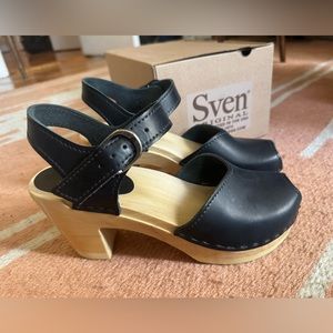 Sven hi heeled black peep toe clogs worn once 38